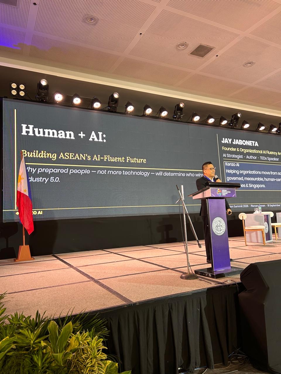Jay Jaboneta speaking on Human plus AI at the ASEAN Innovation Summit 2026 in Davao City